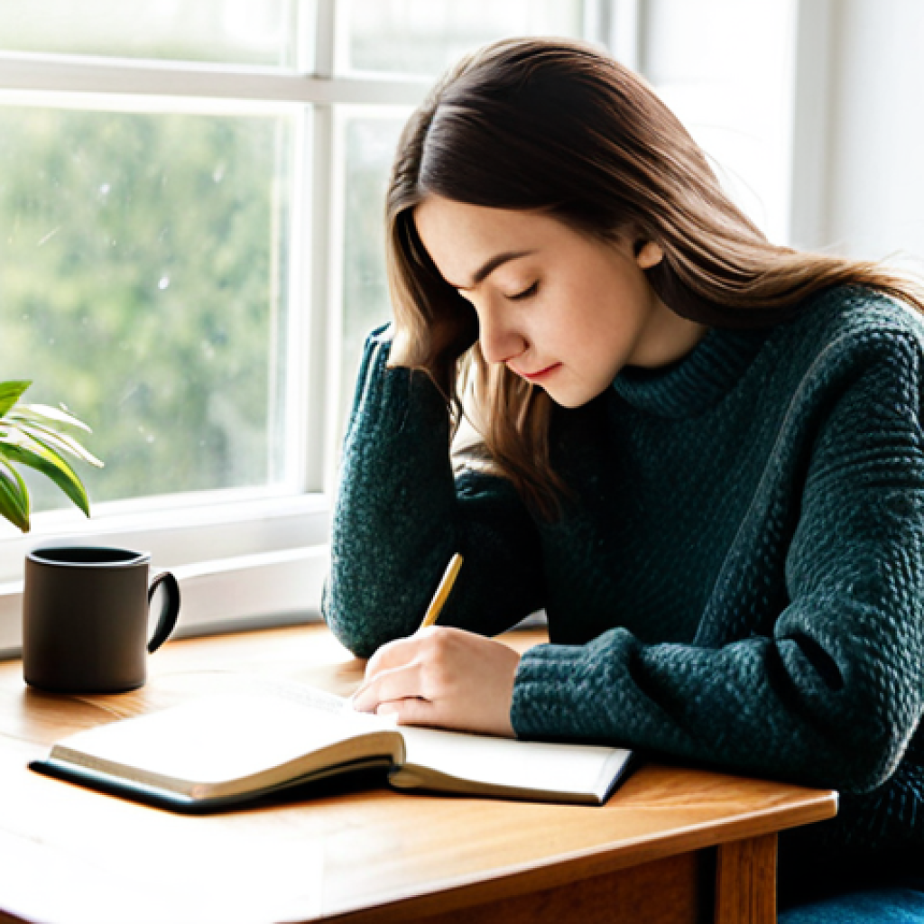 Reflective Journaling**

A woman with a thoughtful expression, seated at a cozy desk in a sunlit room, writing in a leather-bound journal with a pen. The desk also has a warm cup of tea and a small plant. She is fully clothed in a comfortable, modest sweater and jeans. Focus on the peaceful atmosphere and the act of self-reflection. Safe for work, appropriate content, professional, well-lit, perfect anatomy, natural pose, high quality.

**