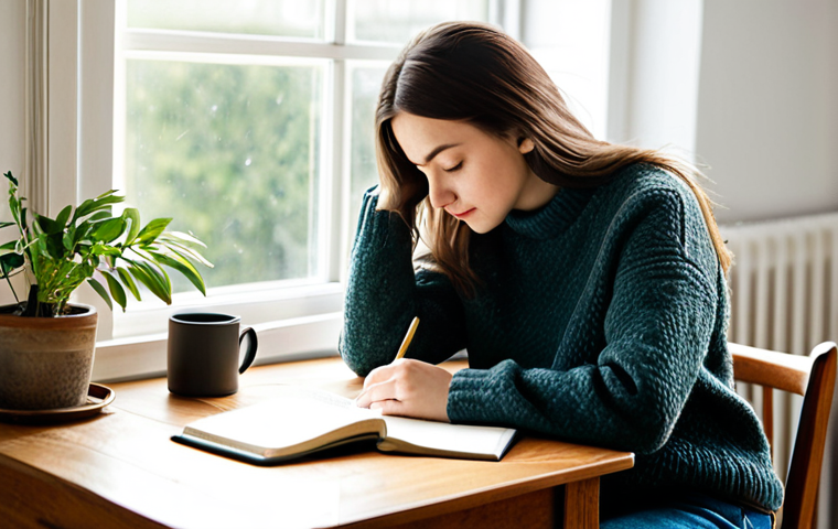 Reflective Journaling**

A woman with a thoughtful expression, seated at a cozy desk in a sunlit room, writing in a leather-bound journal with a pen. The desk also has a warm cup of tea and a small plant. She is fully clothed in a comfortable, modest sweater and jeans. Focus on the peaceful atmosphere and the act of self-reflection. Safe for work, appropriate content, professional, well-lit, perfect anatomy, natural pose, high quality.

**