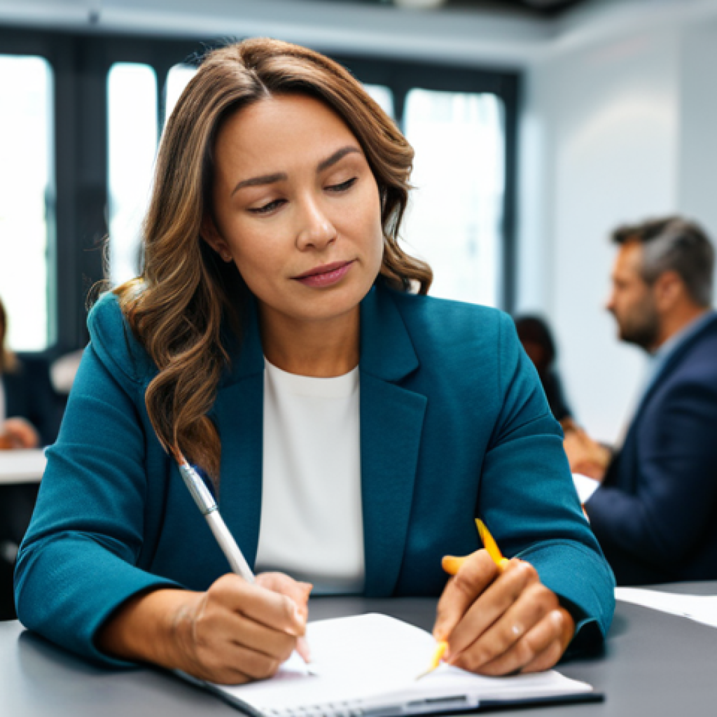 **
A woman attending a professional workshop on emotional intelligence. She is taking notes and appears engaged. The scene is a brightly lit conference room with diverse participants. Everyone is fully clothed in business casual attire. Safe for work, appropriate content, professional setting, fully clothed, perfect anatomy, natural proportions, family-friendly.
**