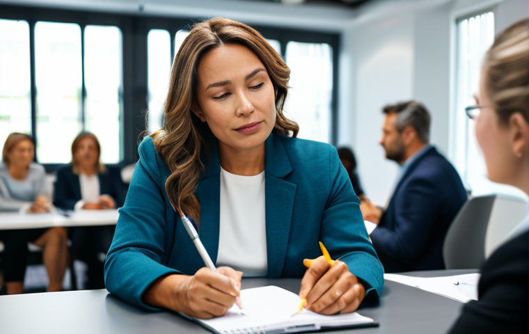 **
A woman attending a professional workshop on emotional intelligence. She is taking notes and appears engaged. The scene is a brightly lit conference room with diverse participants. Everyone is fully clothed in business casual attire. Safe for work, appropriate content, professional setting, fully clothed, perfect anatomy, natural proportions, family-friendly.
**