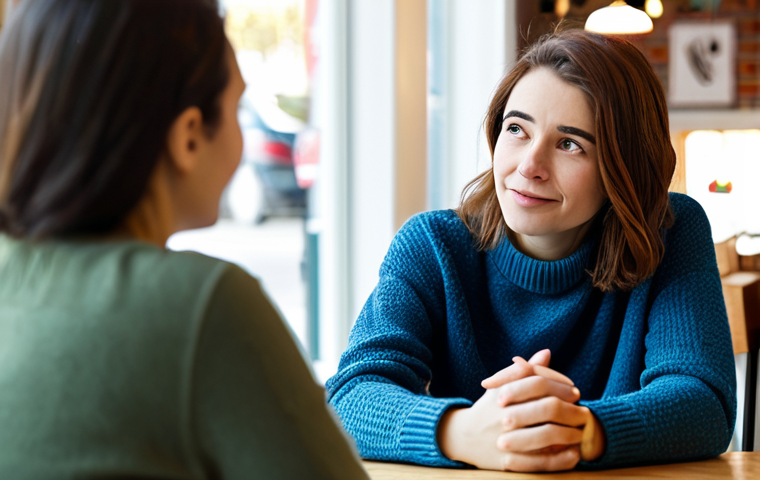 감정 해독의 패턴 인식하기 - Empathetic Conversation**
A kind-looking woman in a brightly lit cafe, fully clothed in a modest sw...