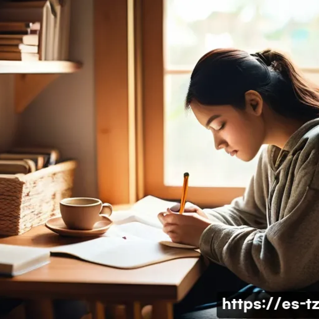 감정 해독의 심리적 여정 기록하기 - A young adult, sitting comfortably in a well-lit, cozy room, is deeply engrossed in writing in a per...