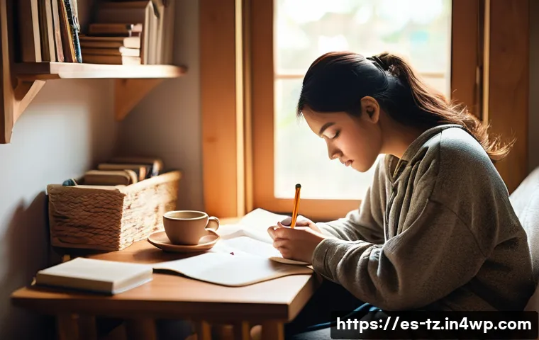 감정 해독의 심리적 여정 기록하기 - A young adult, sitting comfortably in a well-lit, cozy room, is deeply engrossed in writing in a per...