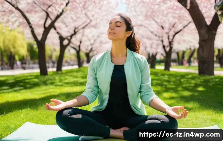 효과적인 감정 해독 기법 10가지 - A serene scene of a young Hispanic woman practicing mindful breathing outdoors in a lush urban park ...