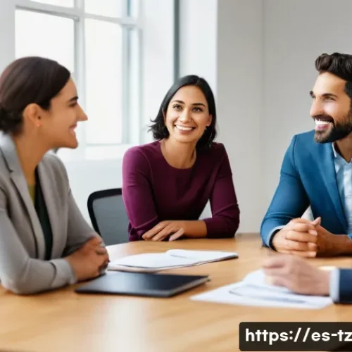 Home 33 감정 해독의 긍정적 결과와 사례 연구 - A diverse group of professional adults in a modern Spanish office setting, engaged in a team meeting...