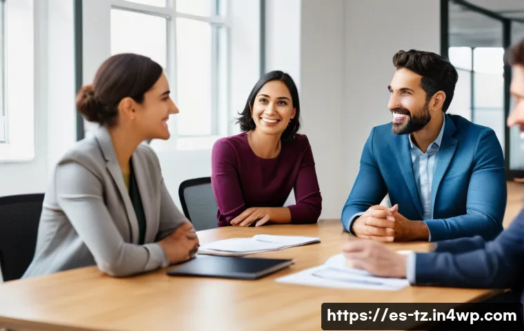 감정 해독의 긍정적 결과와 사례 연구 - A diverse group of professional adults in a modern Spanish office setting, engaged in a team meeting...