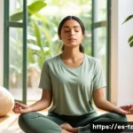 Home 20 감정 해독의 중요성과 필요성 - A serene scene of a young Hispanic woman sitting cross-legged in a sunlit room, practicing mindful b...