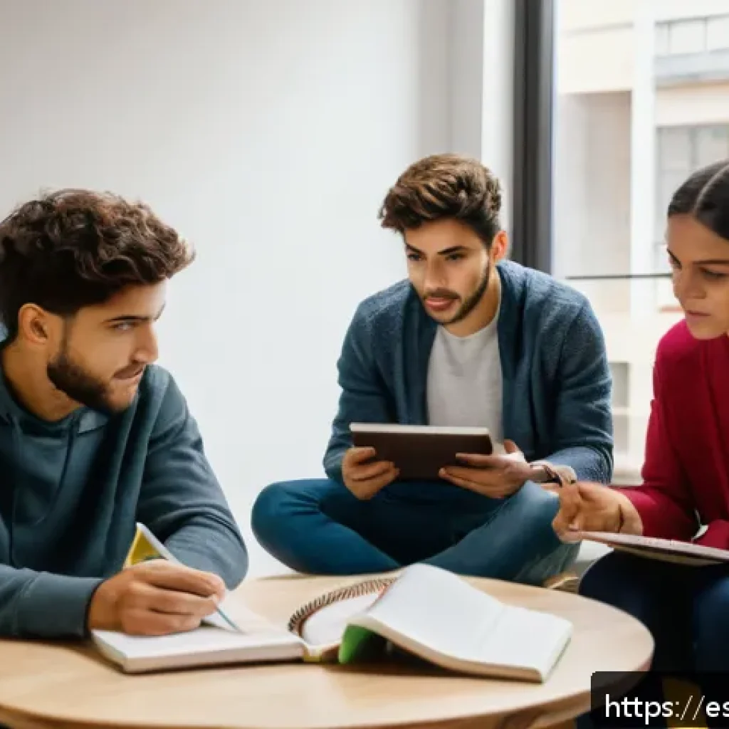 감정 해독을 위한 공부 모임 만들기 - A diverse group of young adults in a cozy, modern study room in Spain, sitting in a circle with note...