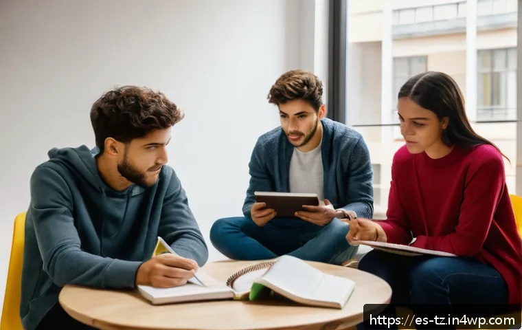 감정 해독을 위한 공부 모임 만들기 - A diverse group of young adults in a cozy, modern study room in Spain, sitting in a circle with note...